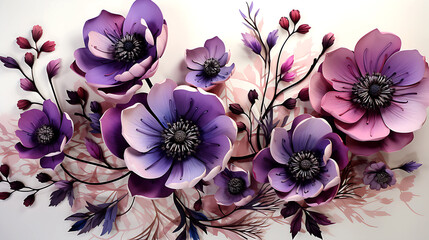 3d watercolor purple flowers with black flower pattern, illustrated