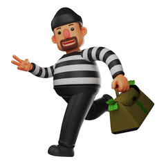 3D illustration. 3D Character Cartoon Design Thief steals a bag of money. walk by showing two fingers. showed a sly smile. 3D Cartoon Character