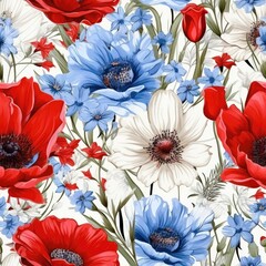 Red, White, and Blue Flowers on White Background Seamless Pattern