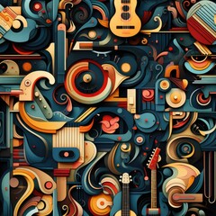 Abstract Neocubism Seamless Pattern with Musical Instruments