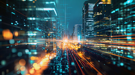 Energetic city Vibe of Modern Urban Life. Double Exposure of City Night. Blending Speed Lighting and Modern Architecture in a Dynamic Business and Technology Concept.
