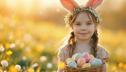 Little girl having fun on Easter egg hunt. Kids in bunny ears and rabbit costume. Children searching for eggs in the garden. Toddler kid playing outdoor. Child laughing and smiling spring 