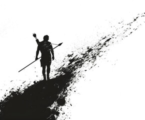 a human silhouette walks on a hill with a spear, in the style of textured splash