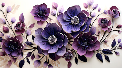 3d watercolor purple flowers with black flower pattern, illustrated - Powered by Adobe