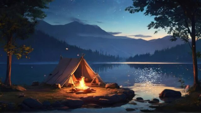camping on the edge of a lake in the middle of a quiet forest, at night accompanied by the light of an endometrial fire