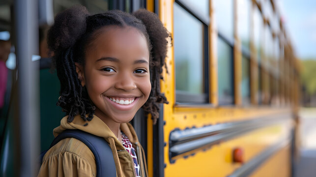 Joyful African American girl enters a school bus to go to school