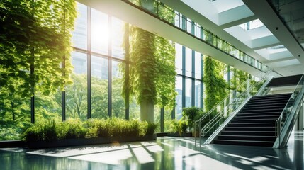 Eco-friendly green office building, modern style, sustainable glass office building to reduce carbon dioxide, AI generated photo, copy space for text