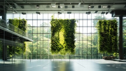 Eco-friendly green office building, modern style, sustainable glass office building to reduce carbon dioxide, AI generated photo, copy space for text