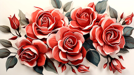 3d watercolor red rose flowers pattern, illustrated