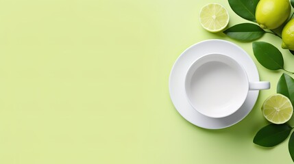 A cup of water is photographed on a green table decorated with fresh lemon. generative AI