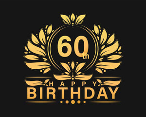 60th Birthday shiny golden design. Luxurious greeting birthday celebration graphic.