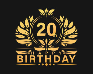 20th Birthday shiny golden design. Luxurious greeting birthday celebration graphic.