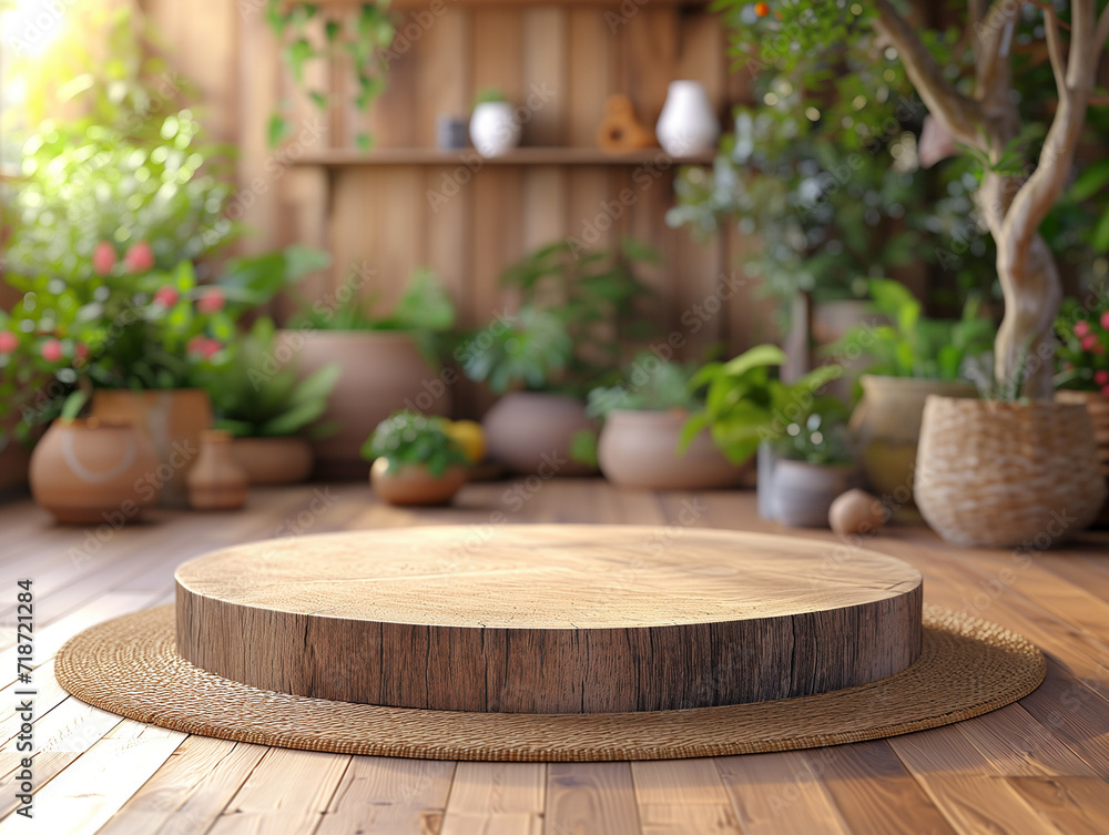 Poster 3d empty product display podium designed for presentations. a wooden display stand at the heart of a