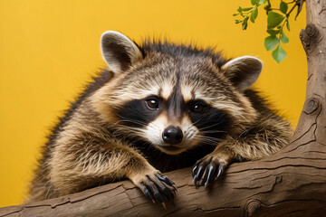 raccoon sleeping on a tree branch on a yellow background - obrazy, fototapety, plakaty