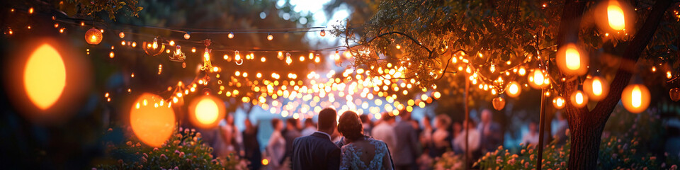 Fototapeta na wymiar Outdoor evening reception with guests and festive lights. Social event and celebration concept. Design for banner, greeting card, event management brochure. Panoramic shot with bokeh effect 