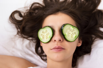 Obraz na płótnie Canvas girl with cucumbers. a young girl lies on a white blanket with green cucumber slices on her eyes, beauty concept