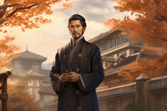 
Illustration of a Meiji era scholar, in a mix of traditional and western clothing, with a backdrop of Meiji period architecture