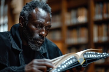 An African American man is reading in the library