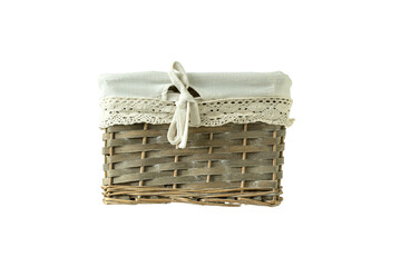 Wicker rectangular basket with fabric on top. Vintage item for interior and decor. Isolate in white. PNG file available