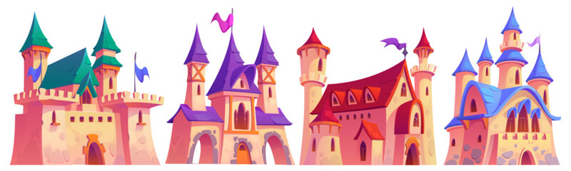 Magic medieval royal castle with flag on tower, windows and gate for children book story or game ui design. Cartoon vector illustration set of fantasy fairytale ancient kingdom fortress palace or fort © klyaksun