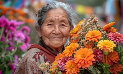 Elderly Woman Embracing a Bouquet of Flowers