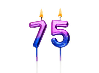 Birthday cake candles isolated on white background. Number 75.	