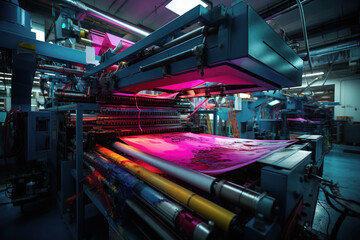 Vibrant offset printing press in action, with freshly inked paper rolling through the machine at night.