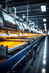 Obraz premium Vibrant offset printing press in action, with freshly inked paper rolling through the machine at night.