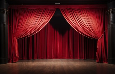 Empty stage with wavy red curtain. generative AI