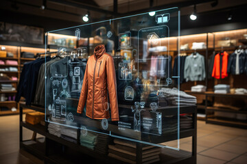 A high-tech digital interface presents a selection of fashionable clothing and footwear for online shoppers in a virtual reality environment, symbolizing advanced shopping technology.