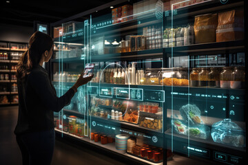 A technologically savvy shopper uses her smartphone to scan items and gather product information from an augmented reality display at a modern, smart-enabled grocery store.