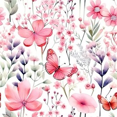White Background With Pink Flowers and Butterflies