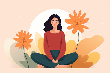 Woman sitting with a flower illustration in the background, good mental selfcare health lifestyle