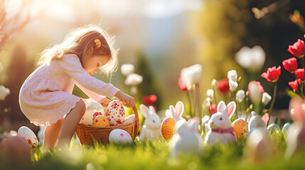 Beautiful pastel colored eggs and flowers in honey grass on a sunny spring day. A little girl collects Esther's eggs in a basket during an egg hunt. Traditions of Esther.