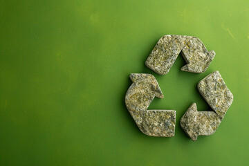 Recycle symbol made of stone on green bacground
