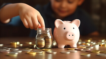 A little boy holds a coin of money and puts it in a pink piggy bank with a blurred background. The object is blurred. The concept of saving money, financial literacy for children