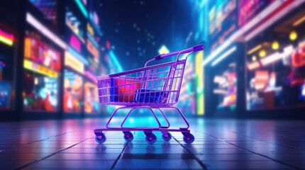 Shopping cart icon symbol with neon colorful and boxes, blurred neon storefront background. Digital shopping delight concept, Neon lit online store. E commerce revolution. Brighten cart with light. - obrazy, fototapety, plakaty