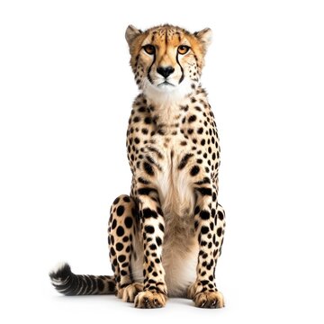 Cheetah sitting in natural pose isolated on white background, photo realistic