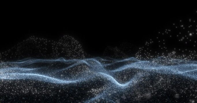 Abstract blue ocean of particles on black background. White foam spreading over the ocean. Looping seamless animation.