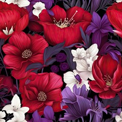 Red and White Flowers on Black Background Seamless Pattern