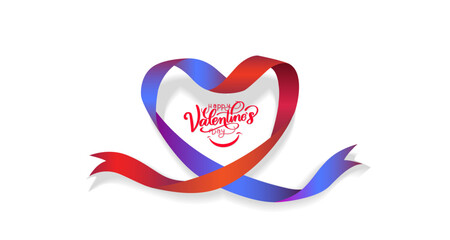 Vector background of Valentine,s day celebration poster with red ribbon in heart shape and happy Valentines day text.