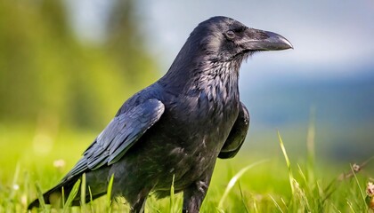 Obraz premium Black crow on the grass