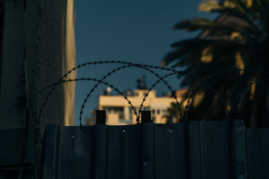 barbed wire in a residential area. safety