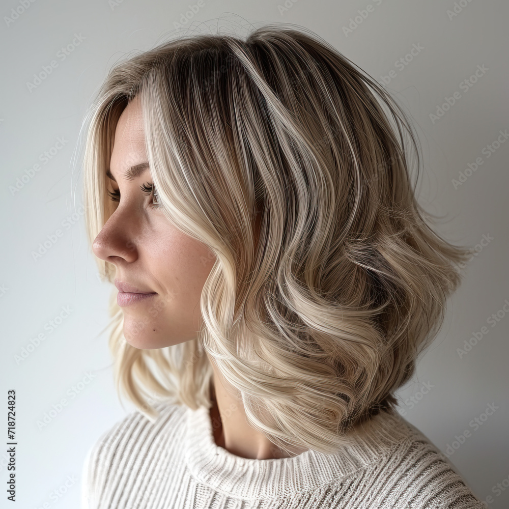 Wall mural rear view of short bob hair of girl with blonde ombre balayage haircolor