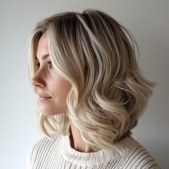 Obraz premium Rear view of short bob hair of girl with blonde ombre balayage haircolor 