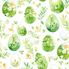 Watercolor Painting of Eggs and Flowers in a Seamless Pattern