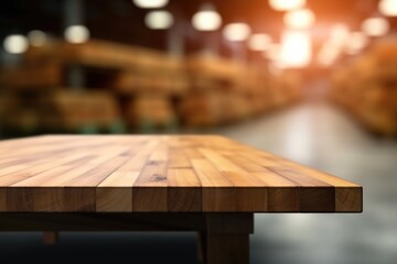 The empty wooden table top with blur background of warehouse storage. Exuberant image. generative AI