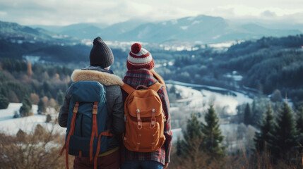 A couple in romantic nature on a winter hiking adventure trip