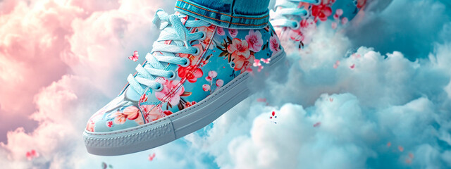 Sneakers in flowers against a cloud background. Selective focus. - obrazy, fototapety, plakaty