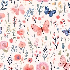 Seamless Pattern, White Background With Pink Flowers and Butterflies